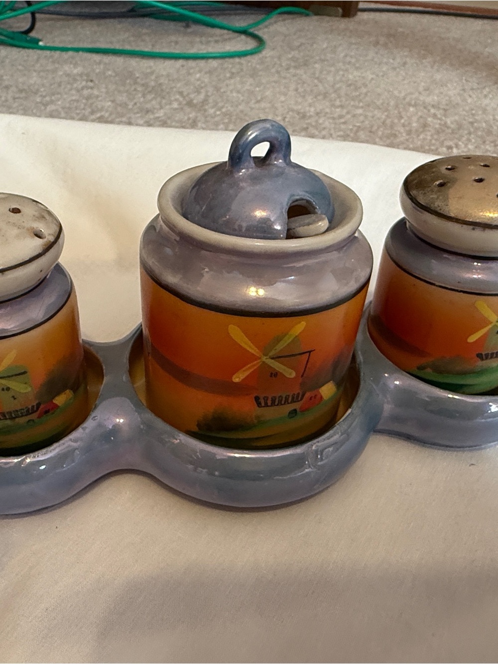 Vintage Hand Painted Japan Condiment Set Salt Pepper Mustard Relish